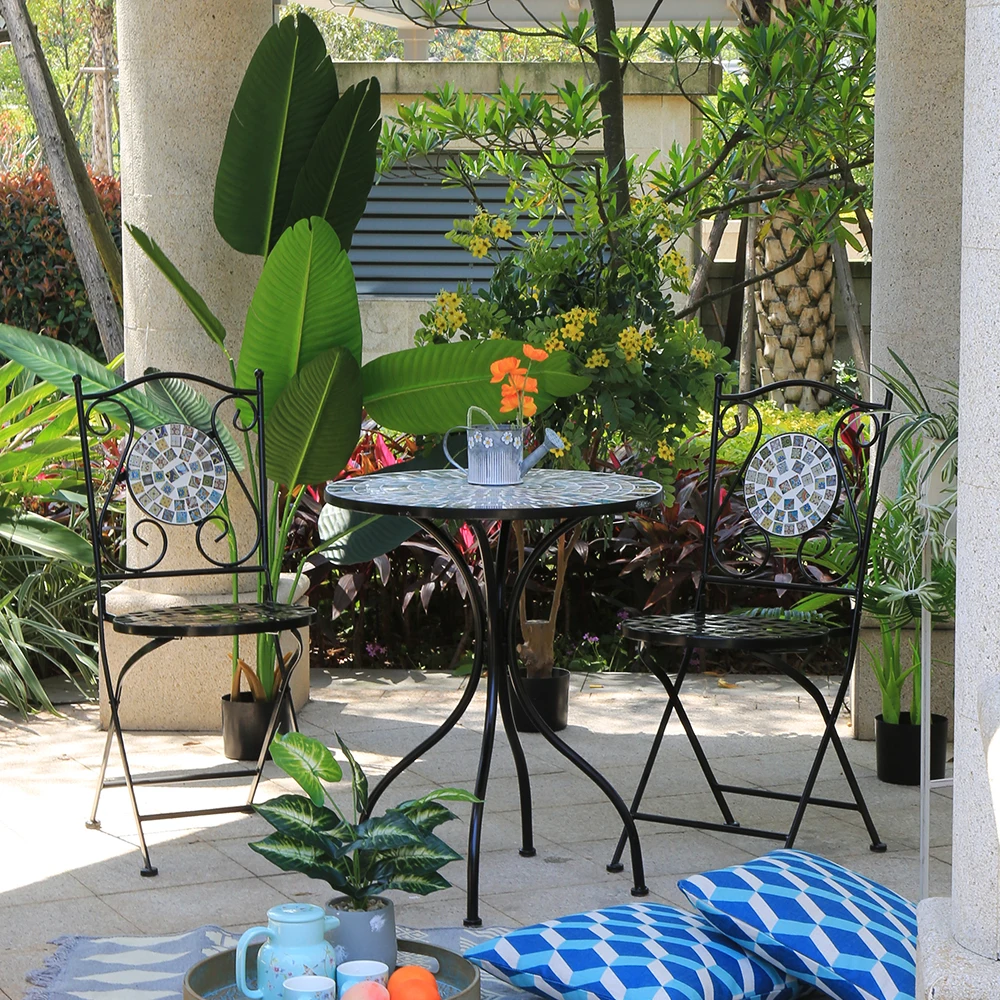 

3 Piece Metal Foldable Shabby Chic Outdoor Table and Chair for Cafe Garden Patio Mosaic Bistro Set