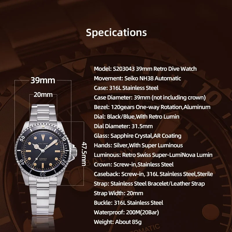 Baltany Retro Business Luxury Men's Watch 39Mm Classic Luminous Sapphire Stainless Steel Bracelet Automatic Waterproof Watches