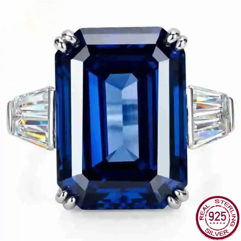 Yaranyan Vintage 100% 925 Sterling Silver 10 * 14 MM Emerald Cut Lab Sapphire High Carbon Diamonds Gemstone Ring Fine Jewelry