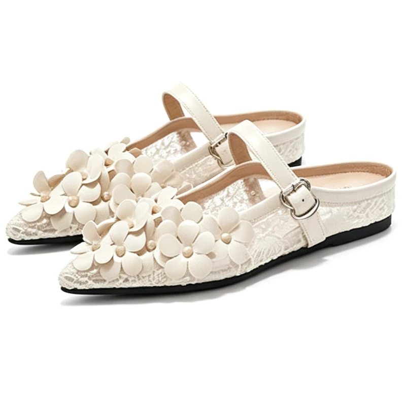Sweet Flowers Decorating Wedges Pumps Women Elegant Mesh Embroidery Designer Shoes Fashion Pointed-toe Belt Buckle Casual Shoes