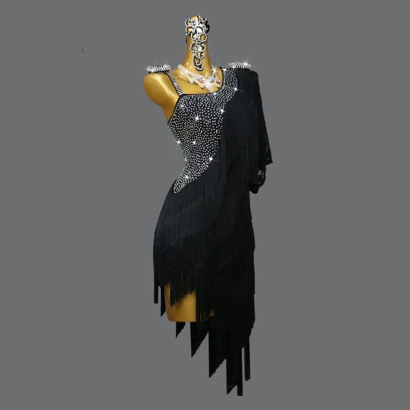 Robe de soirée latine noire pour femme, jupe longue à franges, vêtements de danse de salon, vêtements d'entraînement jeunesse, tenue de soirée, grande taille, nouveau