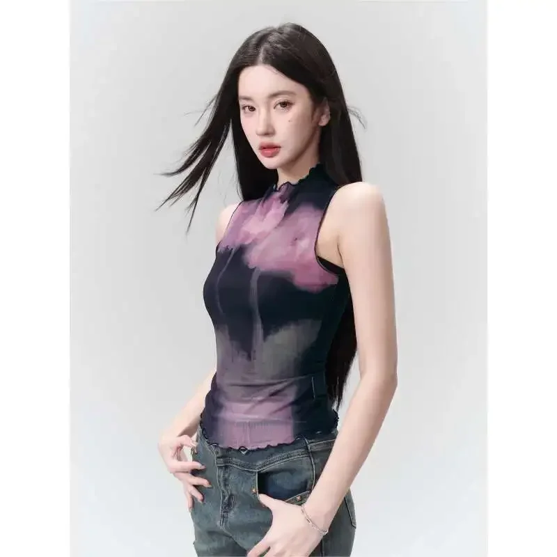 Miiiix Sweet and Cool Spicy Girl Slim Fit Short Black Ear Top Women's Summer Design Feel Mesh Tie Dyed Sleeveless T-shirt