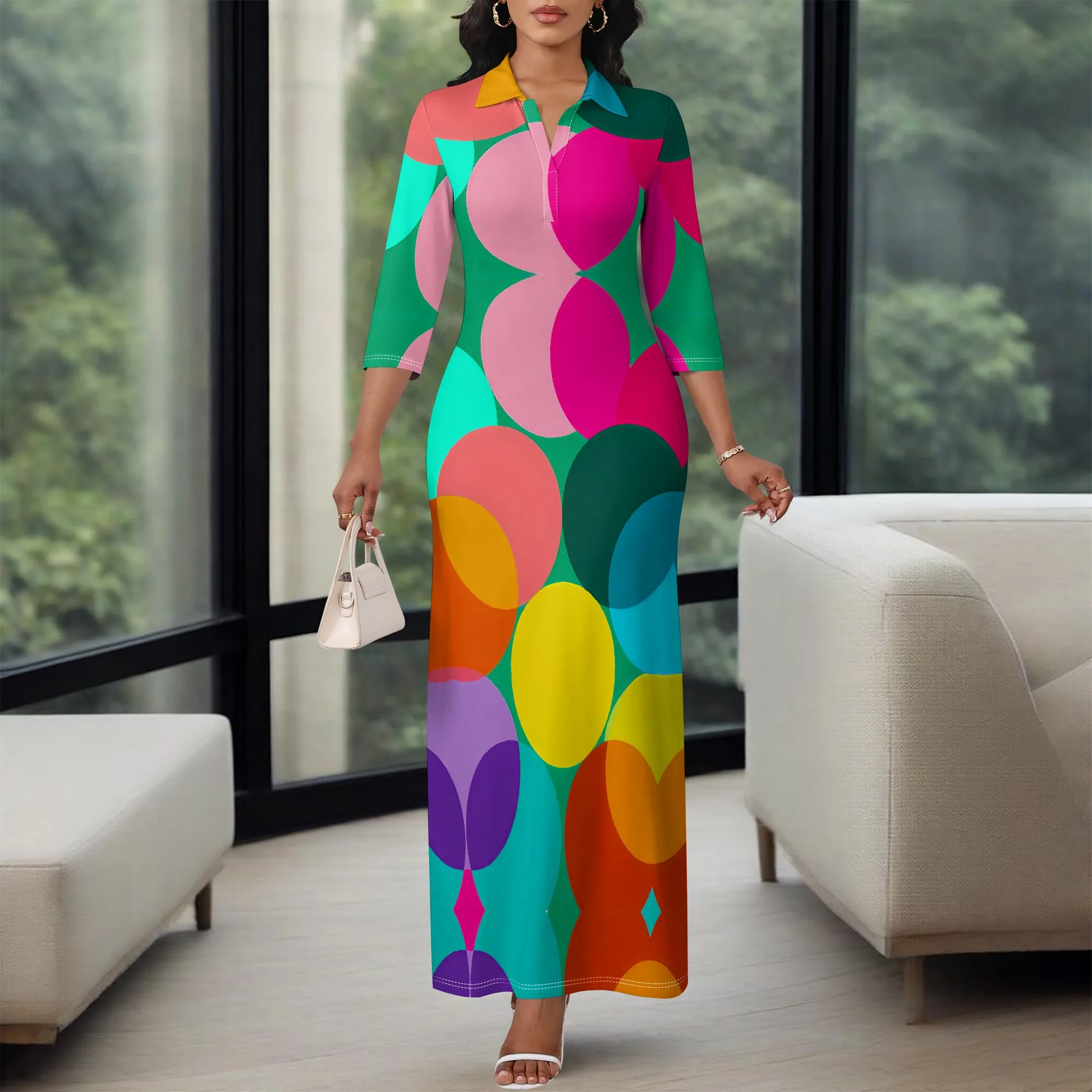 

Colorful Abstract Balloon Print Maxi Dress XS-3XL Women's Zipper Polo Neck Style for Street Fashion or Art Gallery Look