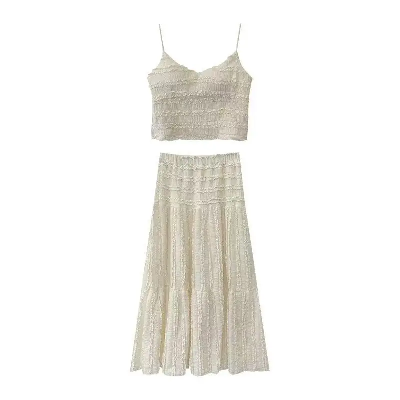 Tops Sling Skirt Two-piece Suit Woman Summer Pure Colour Temperament Comfortable Brief Leisure Minority Individuality Elegant