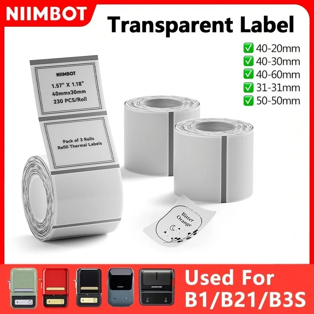 Niimbot B1 تسمية شفافة طابعة صغيرة محمولة 30-50mmThermal ورقة لاصقة تسميات للطابعة B21/B3S/B203 Niimbot