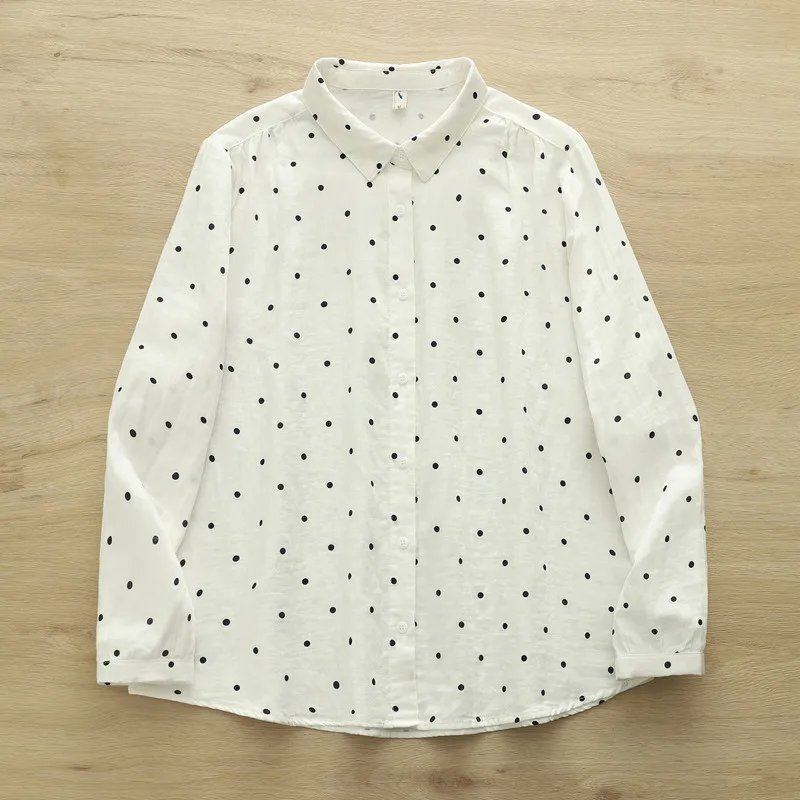 Autumn women clothing two layer 100% cotton yarn green polka dot print shirts long sleeve blouses for women tops lady clothes