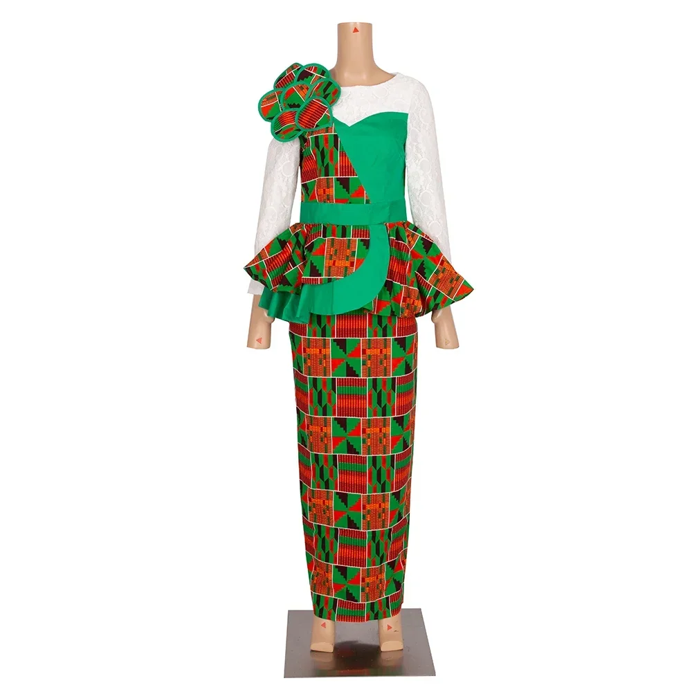 Conjuntos de falda africana, traje de mujer, faldas y Tops largos y rectos con decoración de encaje, ropa tradicional africana Bazin Riche WY6195