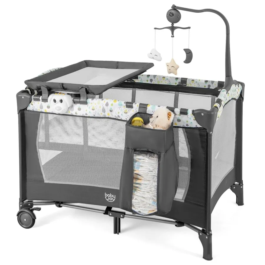 3 in 1 Pack and Play Portable Baby Playard with Bassinet Changing Table Lockable Wheels Glowing Music Box Travel Baby Crib Bass