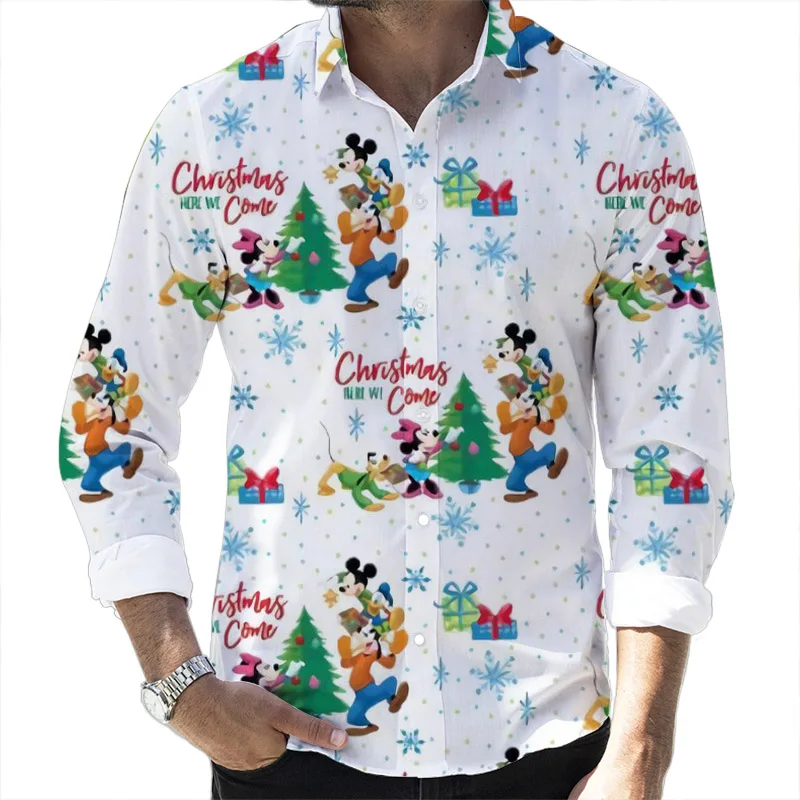 New Christmas Fall Fashion Popular Disney Brand Donald Duck and Mickey 3D Printed Long Sleeve Lapel Shirt Slim Fit Men\'s Top y2k