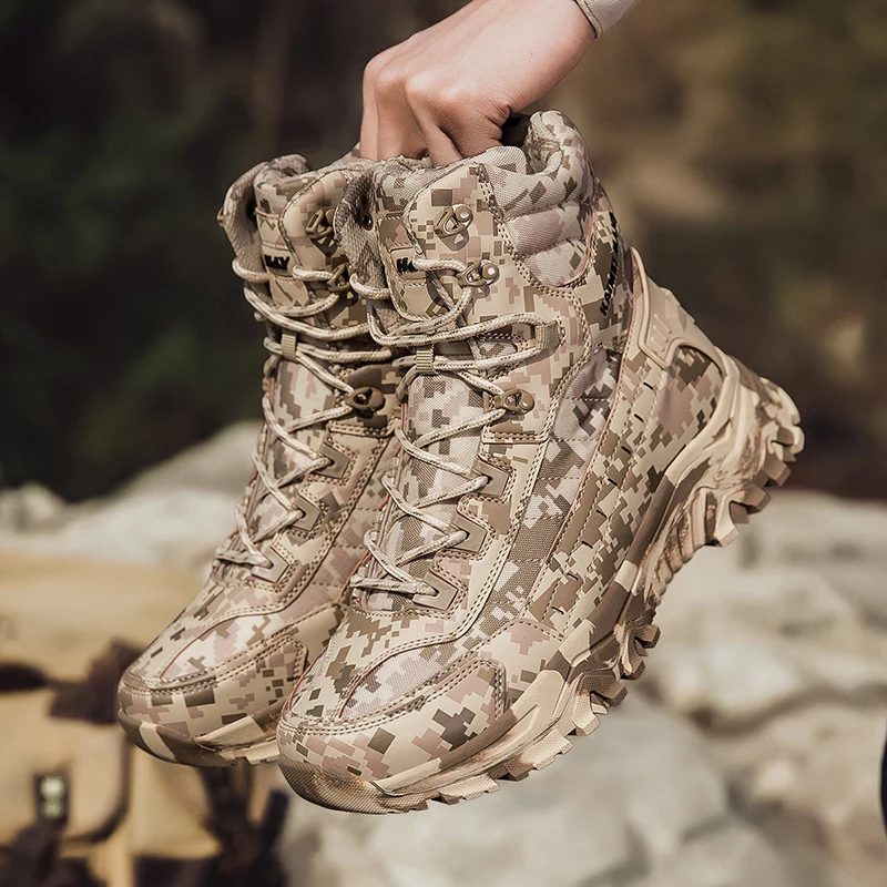 

HKDQ 2025 Camouflage Hiking Boots Men Forest Field Boots Outdoor Platform High Top Men's Trekking Shoes Anti Slip Desert Boots