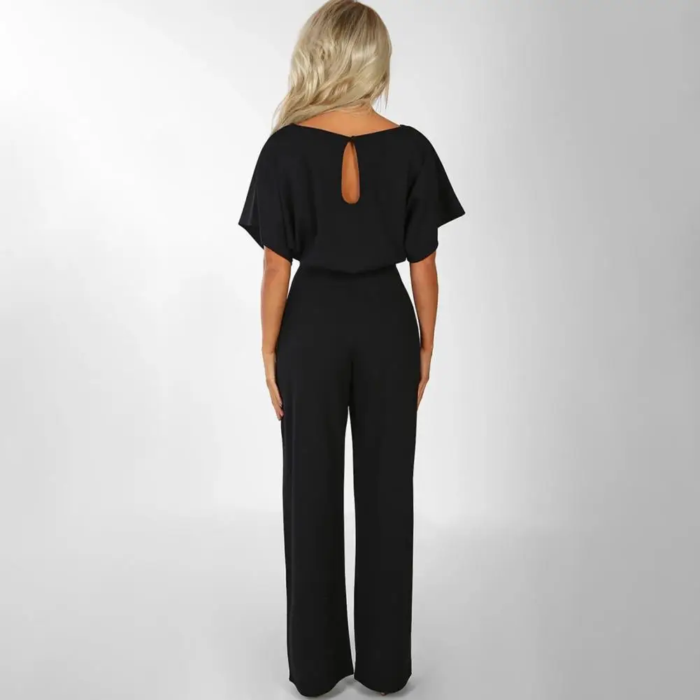 Jumpsuit wanita lengan pendek kasual, Jumpsuit longgar, lengan pendek, Romper kasual Hollow Out, leher bulat, Jumpsuit wanita pinggang tinggi, musim panas