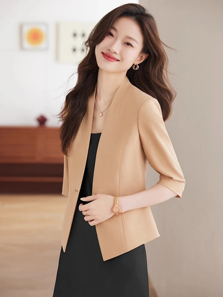 

Женский летний пиджак с коротким рукавом и V-образным вырезом без воротника, новый стиль, тонкий материал, для офиса, из полиэстера, на одной пуговице