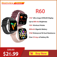 Blackview R60 Smartwatch for Men Women 1.96'' AMOLED Display Tracker Watch with 5.3 Bluetooth 120+ Sports Modes IP68 Waterproof