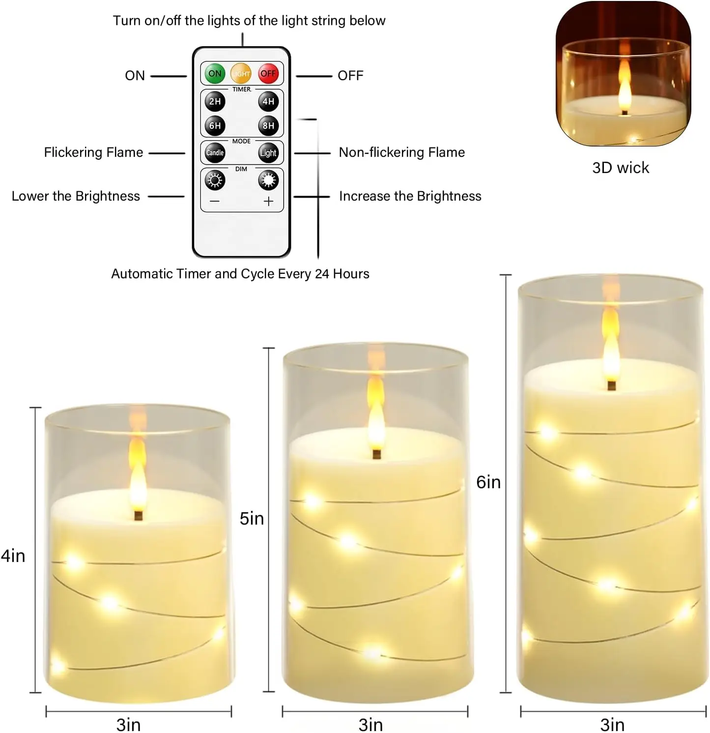 3Pcs Flickering Flameless Candles Battery Operated Candles LED Candles with Remote Timer for Home/Wedding/Birthday/Holiday Decor