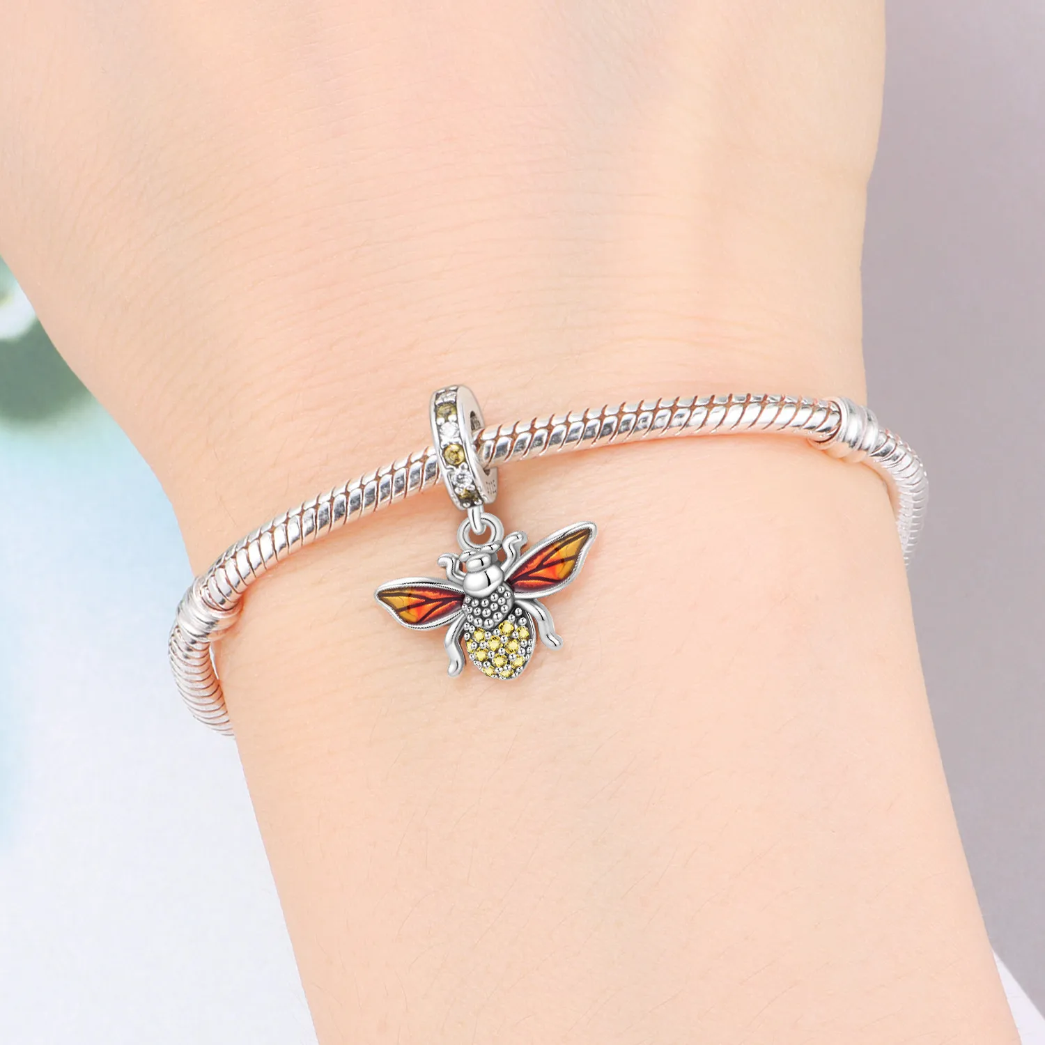 Cycuff 925 Sterling Silver Yellow Bee Insect Bead Original Pendants Bracelet Necklace Charm Jewelry Party DIY Trendy Gifts view 4