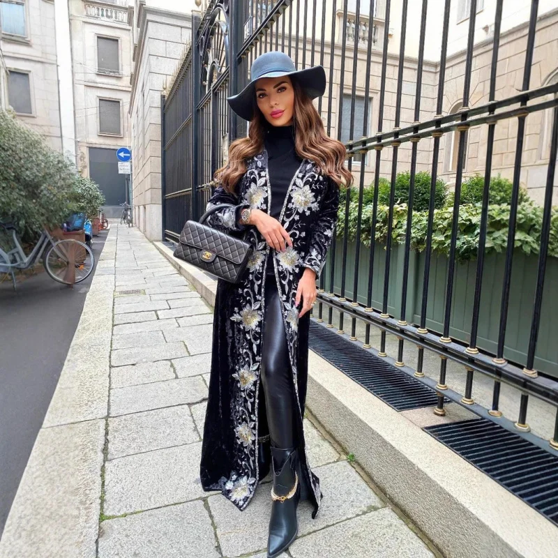 

Новое поступление, женская бархатная длинная накидка с длинными рукавами и тяжелой вышивкой, модная куртка