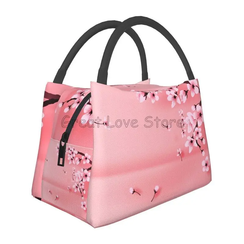 Japanese Sakura Cherry Blossoms Print Thermal Lunch Bag Women Reusable Portable Insulated Lunch Box for Travel Picnic Work
