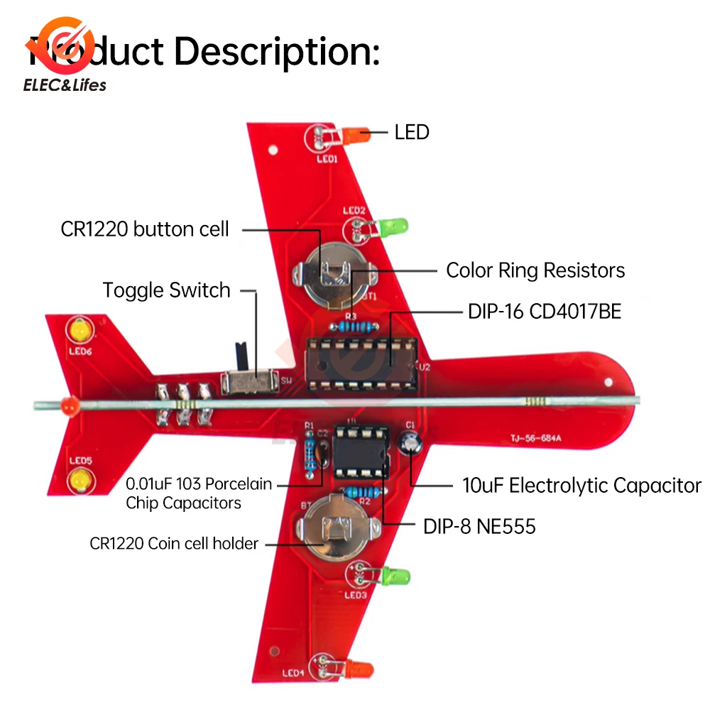 Electronic Small Airplane Flash 7 LED Flow Light Circuit Making Kit NE555+CD4017 DIY Welding Practice Parts Red/Green/Yellow