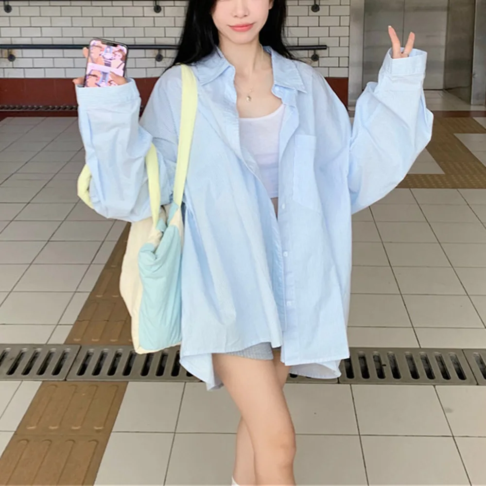 Polo à rayures pour femmes, Protection solaire d'été, ample, décontracté, ouvert, Cardigan, haut mi-long