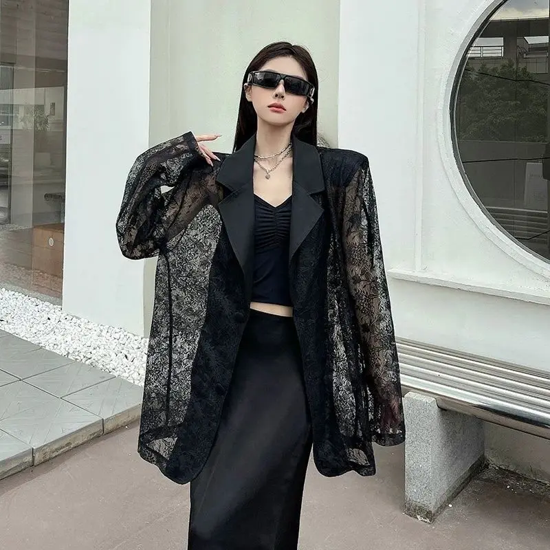 

2026 Summer Lace Patchwork Blazer, Sheer Mesh Hollow Out Sun Protection Thin Blazer Jacket for Women