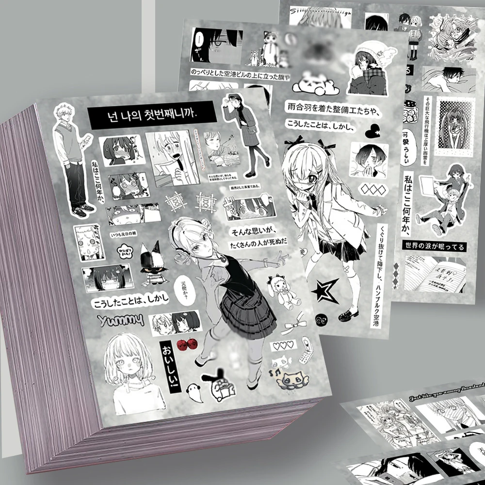 16Sheets Black And White Diffuse Anime Korean Graffiti Stickers Exquisite Diy Toys For Bottle Travel Bag Decals Creative Gifts