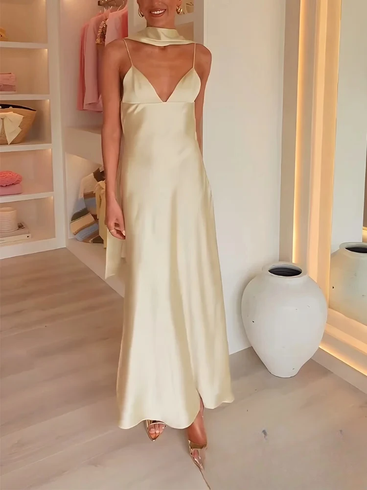 فستان نسائي أنيق مثير من KONDALA فستان كامي سادة بدون أكمام وشاح طويل بدون ظهر موضة 2025 فستان أنيق لربيع وصيف