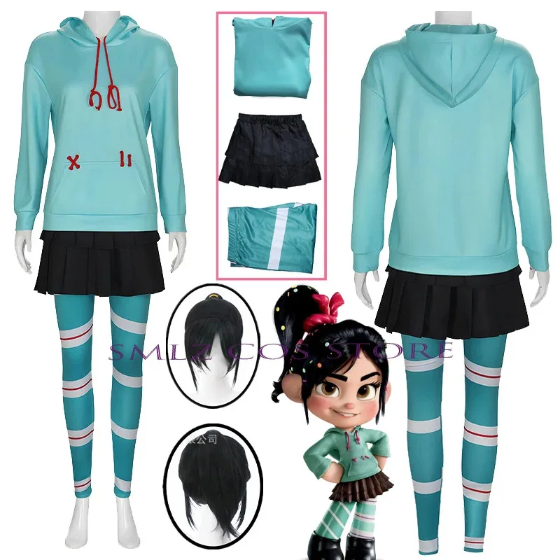 

Vanellope Von Schweetz Cosplay Anime Costume Girl's Hoodies Skirt Wig Uniform Suit Halloween Performance Clothing for Woman