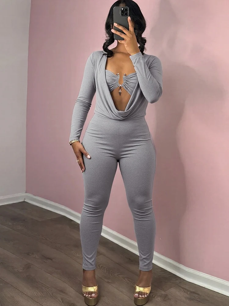 

Kliou Sexy Fashion Jumpsuits Woman Swing Collar Metal Trim Full Sleeve Skinny Peach Hip Hot Girls Midnight Club Party Overalls