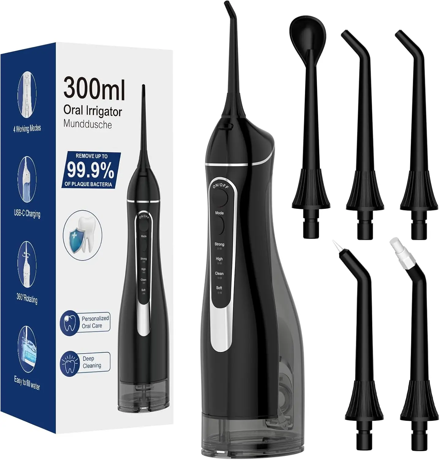 

Cordless Water Flosser Oral Irrigator, 300ml Rechargeable IPX7, 4 Modes & 4 Tips for Home Travel