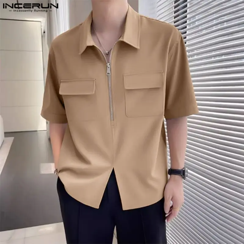 INCERUN 2024 Men\'s Shirt Solid Color Lapel Short Sleeve Loose Korean Casual Men Clothing Streetwear Fashion Leisure Shirts S-5XL