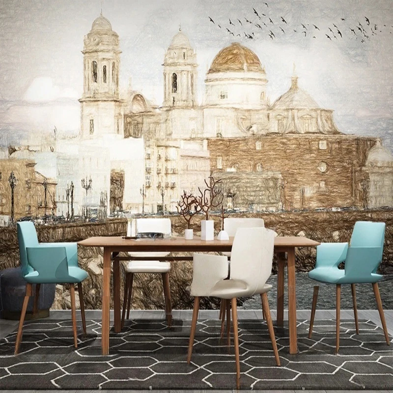 MU8785 Hand-painted urban architecture in Nordic Mediterranean style TV background wall paintings