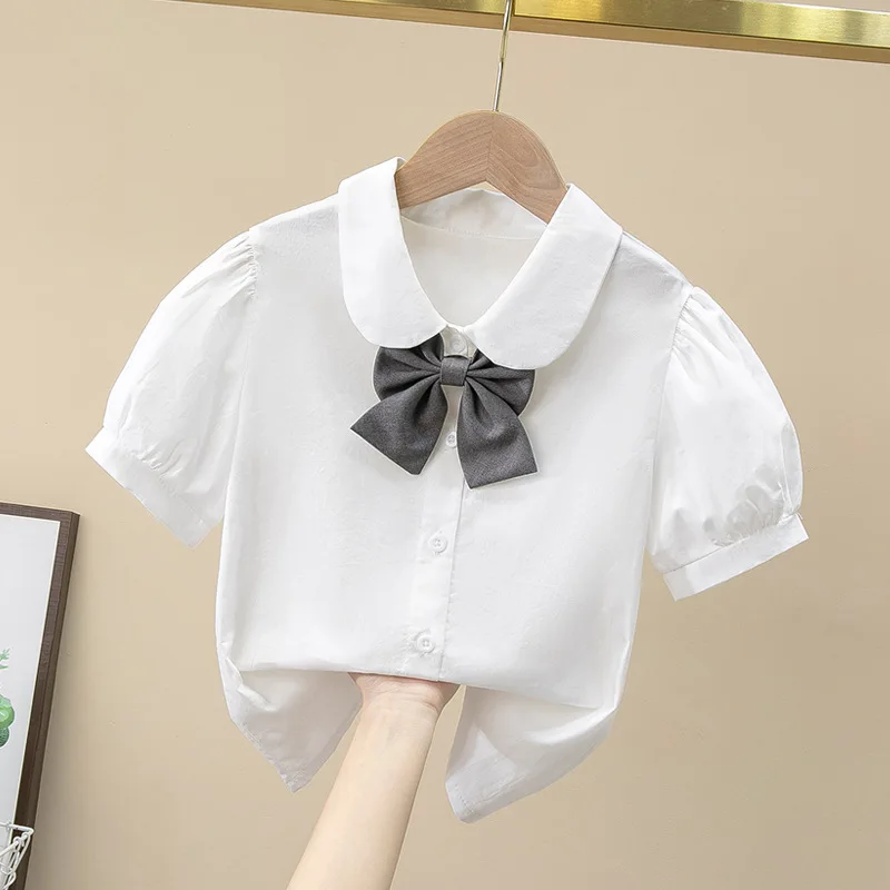 White Cute Uniform Shirts for Big Girls Short Puff Sleeves School Uniform Blouse Princess Turn-Down Collar Bowknot Button Tops