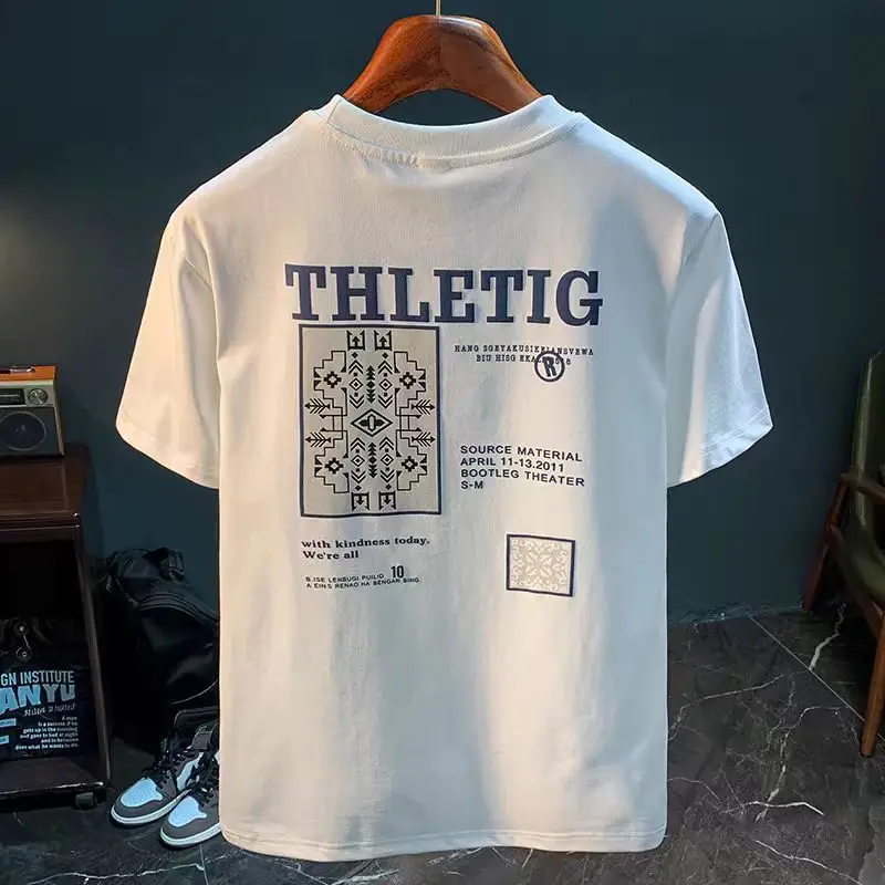 

Summer Pure Cotton Short-sleeved Trendy Brand Men's Personalized Printed T-shirt Thin Loose Breathable Soft Round Neck Shirt