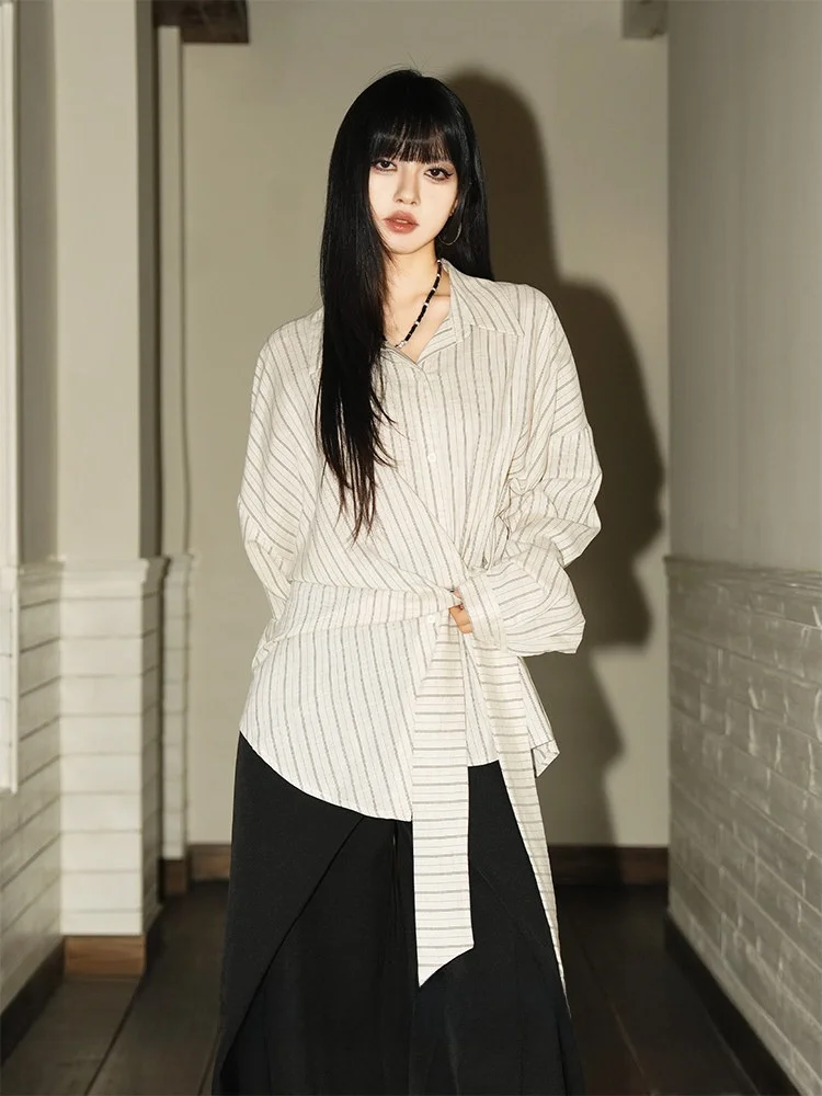 

Spring New Arrival Striped irt One Side Tie Commuter Sle Loose Fit Women's Long Sve Button up mid Length T