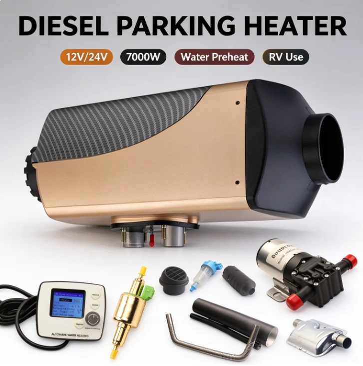 Diesel Parking Heater 7KW 12V 24V Air Warmer RV Water Tank Preheater Vehicle Engine Preheating System for Caravan Camper Truck