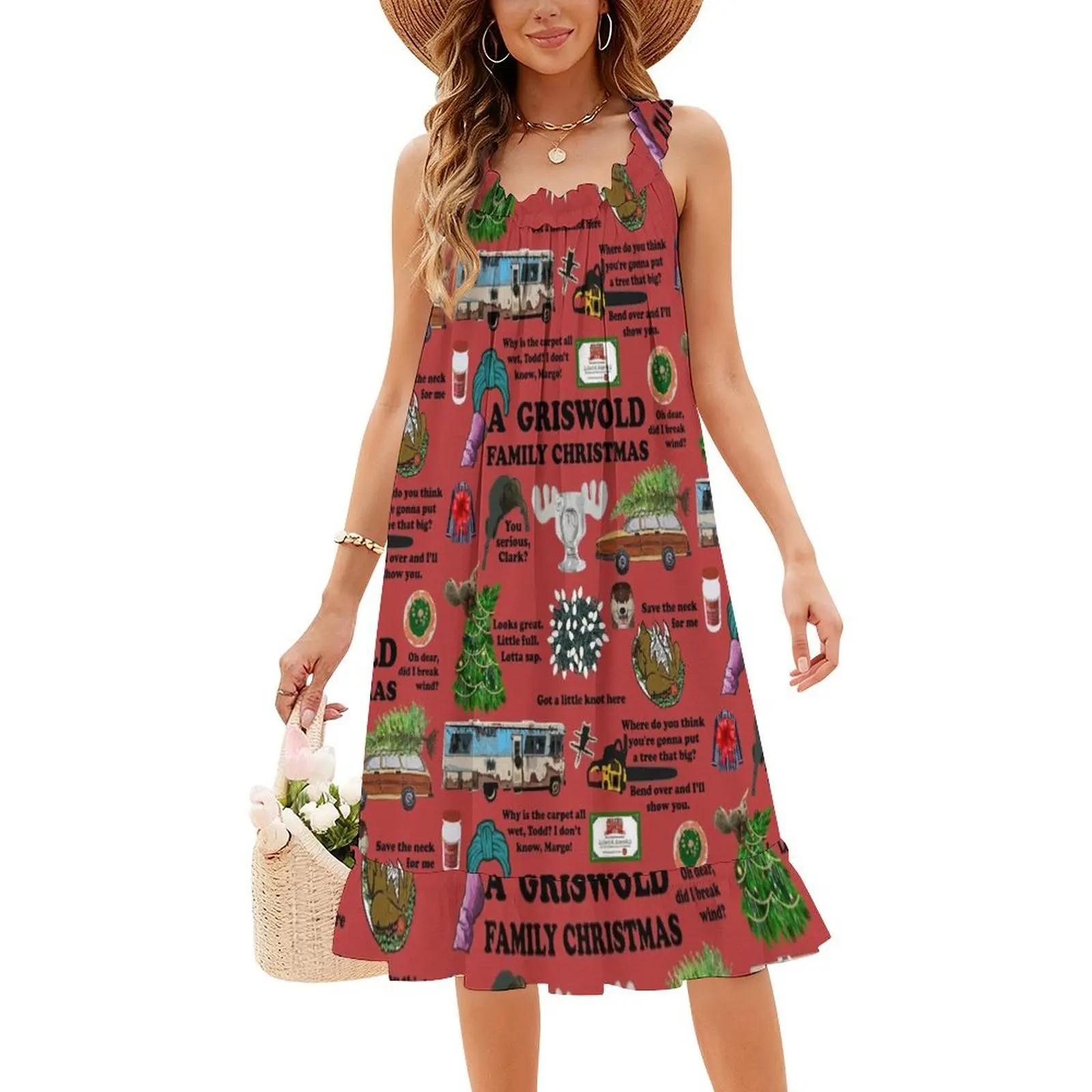 مضحك عيد الميلاد الأسرة الشتاء عطلة الرجعية الأحمر البوهيمي فستان بلا أكمام للنساء طباعة فساتين حفلات الشاطئ مضحك عيد الميلاد #4
