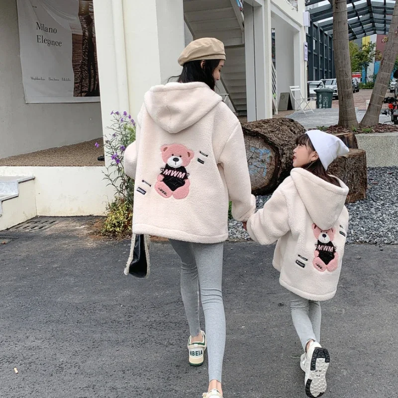 

Family Warm Polar Fleece Winter Cardigan Women Baby Girls Same Thick Jacket with Hood Mother Daughter Children Sweat-shirt Coat