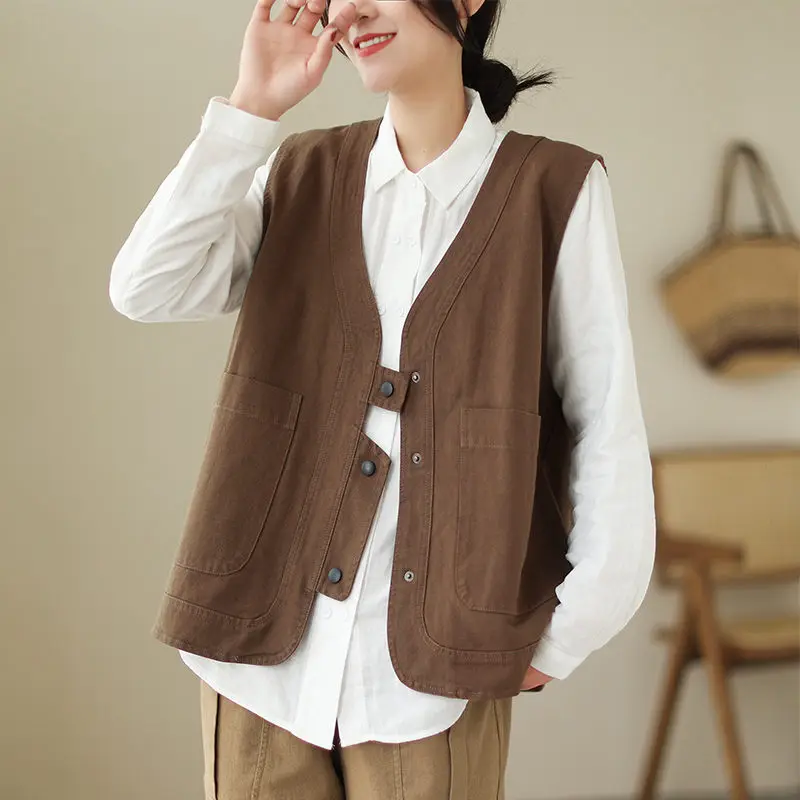 

Waistcoat 2023 Casual Vintage Literature Loose Oversized Vest Women's Summer Jacket V-NeckSingle Breasted Sleeveless Coat Z291