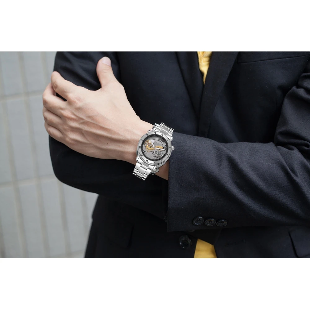 SHENHUA 남성용 투명 자동 기계식 시계, 스테인리스 스틸 스트랩, 빈티지 스켈레톤 시계, 야광 남성 시계