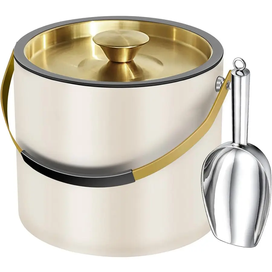 

Modern Insulated Ice Bucket with Silicone Lid, Scoop, Strainer, Double Wall Stainless Steel Ice Bucket for Parties amp Cocktail