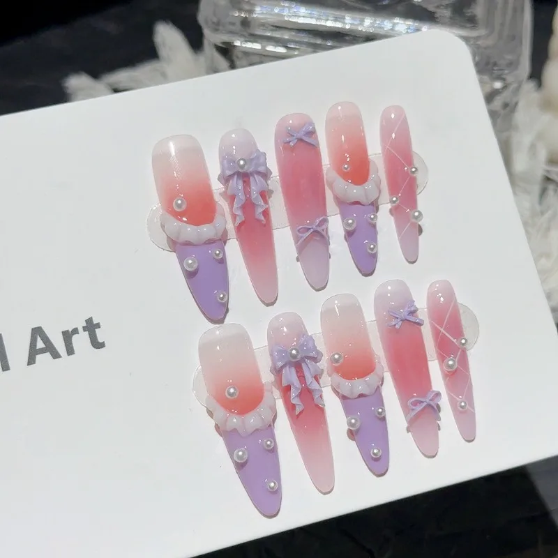 

10 Pieces Sweet Princess Blush Handmade Press On Nails Purple Iris Skirt Cute 3D Bowknot Pearls Fake Nails Removable Reusable