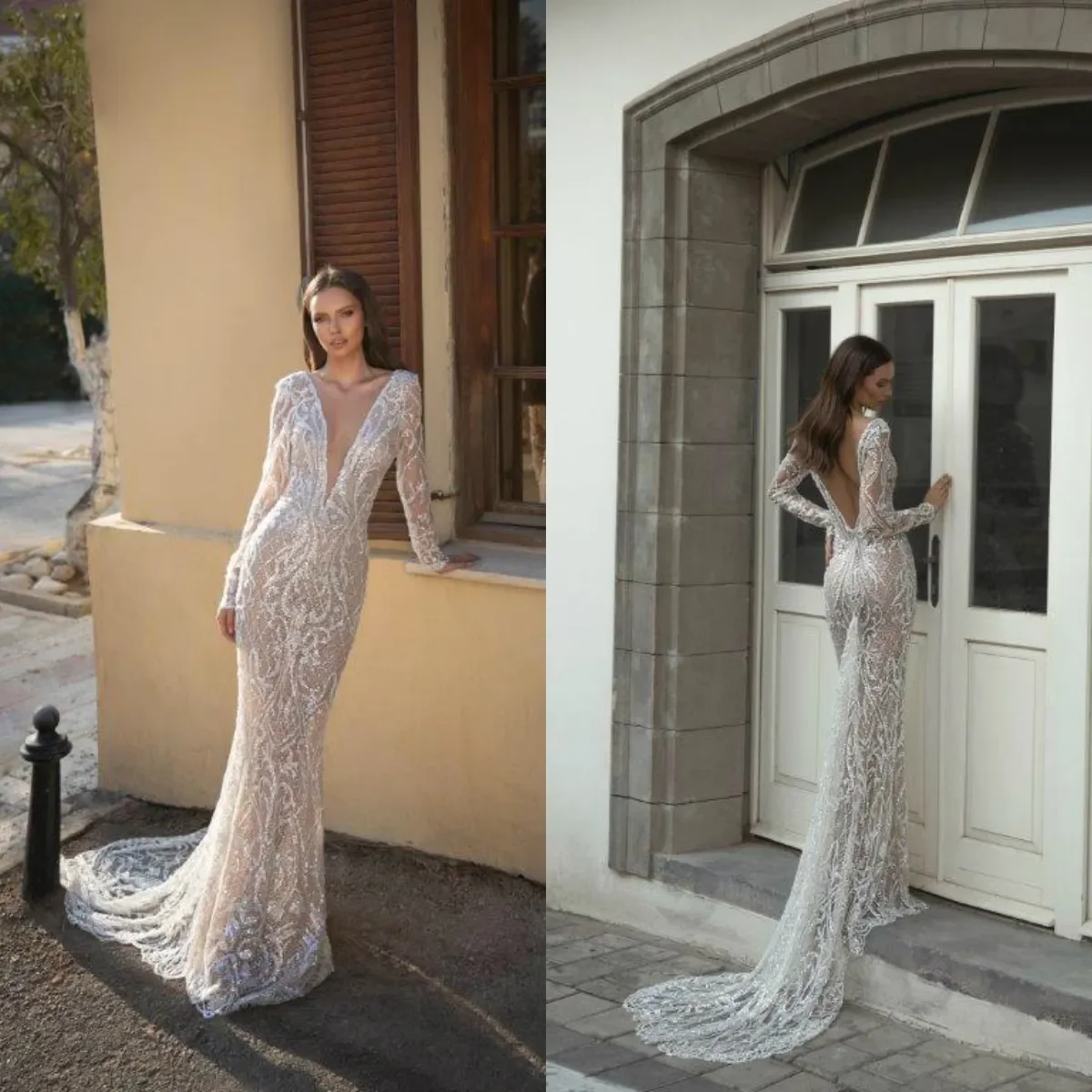 

Customized Luxurious Mermaid Sparkling 3D Lace Women's Wedding Dress With Deep V-Neck Backless Sexy And Grounded Bridal Dress