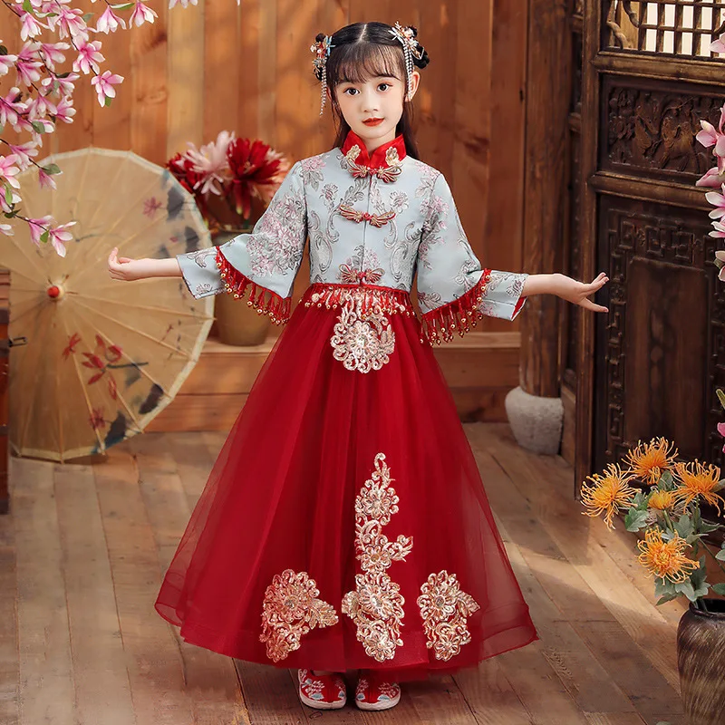 Meisjes Herfst Winter Nieuwe Chinese Stijl Traditionele Borduurwerk Hanfu Prinses Jurk Feestavond Prestaties Vestido Fairy Qipao