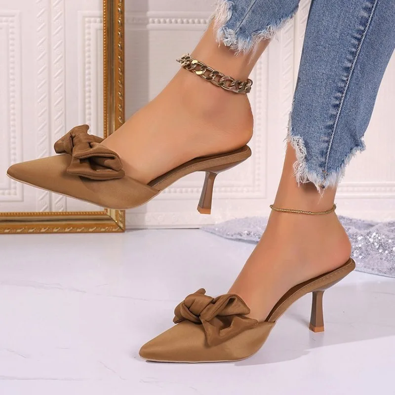 

New Style Butterfly-knot Mules Women Slippers Elegant Pointed Toe Thin High Heels Ladies Summer Fashion Party Prom Shoes