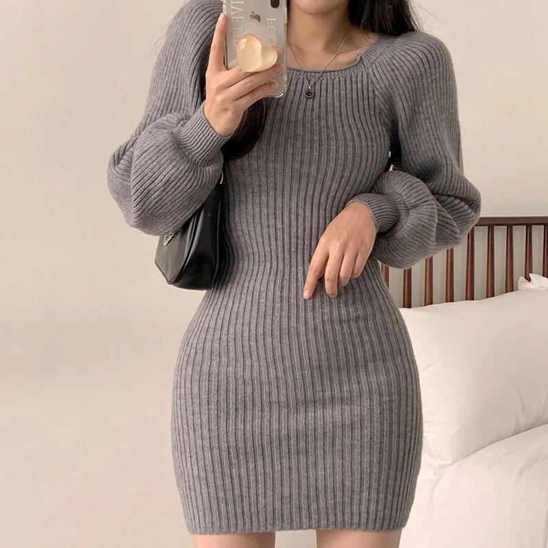 Maglione basic femminile tinta unita Abito coreano lavorato a maglia con colletto quadrato per mini abiti aderenti con maniche a sbuffo alla moda da donna
