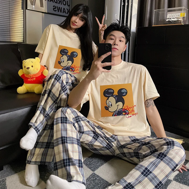 Cartoon Disney couple pajamas autumn new round neck long-sleeved trousers casual two-piece set women\'s pajamas loungewear set