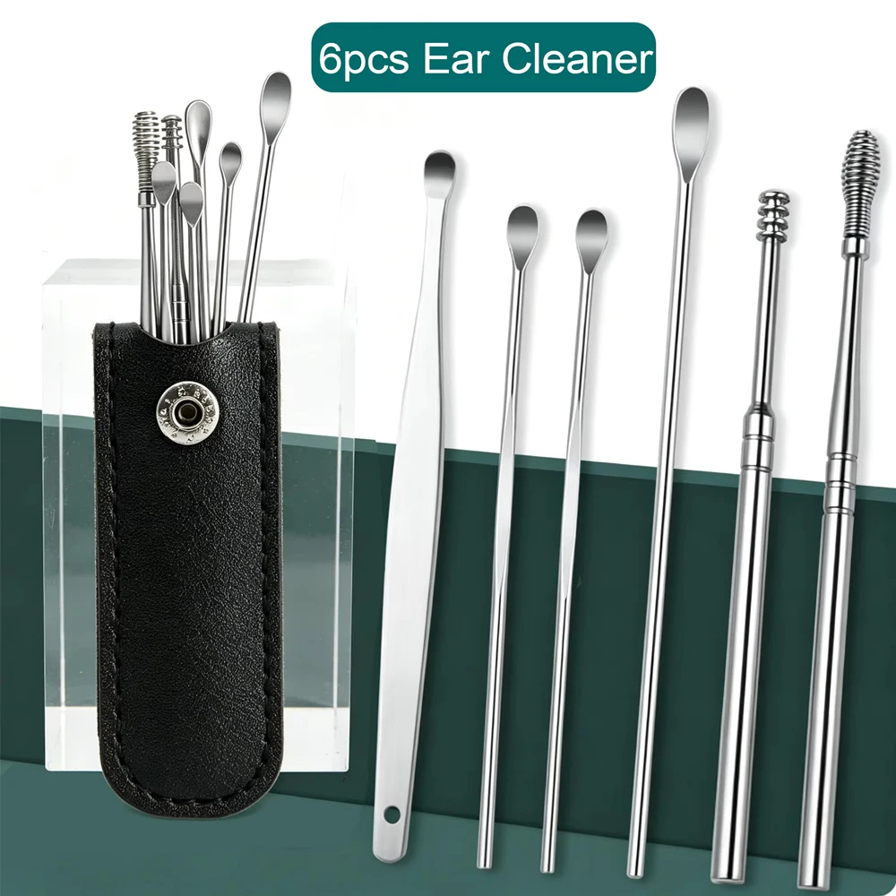 Stainless Steel Earpick Ears Cleaner Spoon Ear Pick Ear Wax Removal Tool Kit Ears Spoon Care for Baby Adults 6PCS Ear Care Set