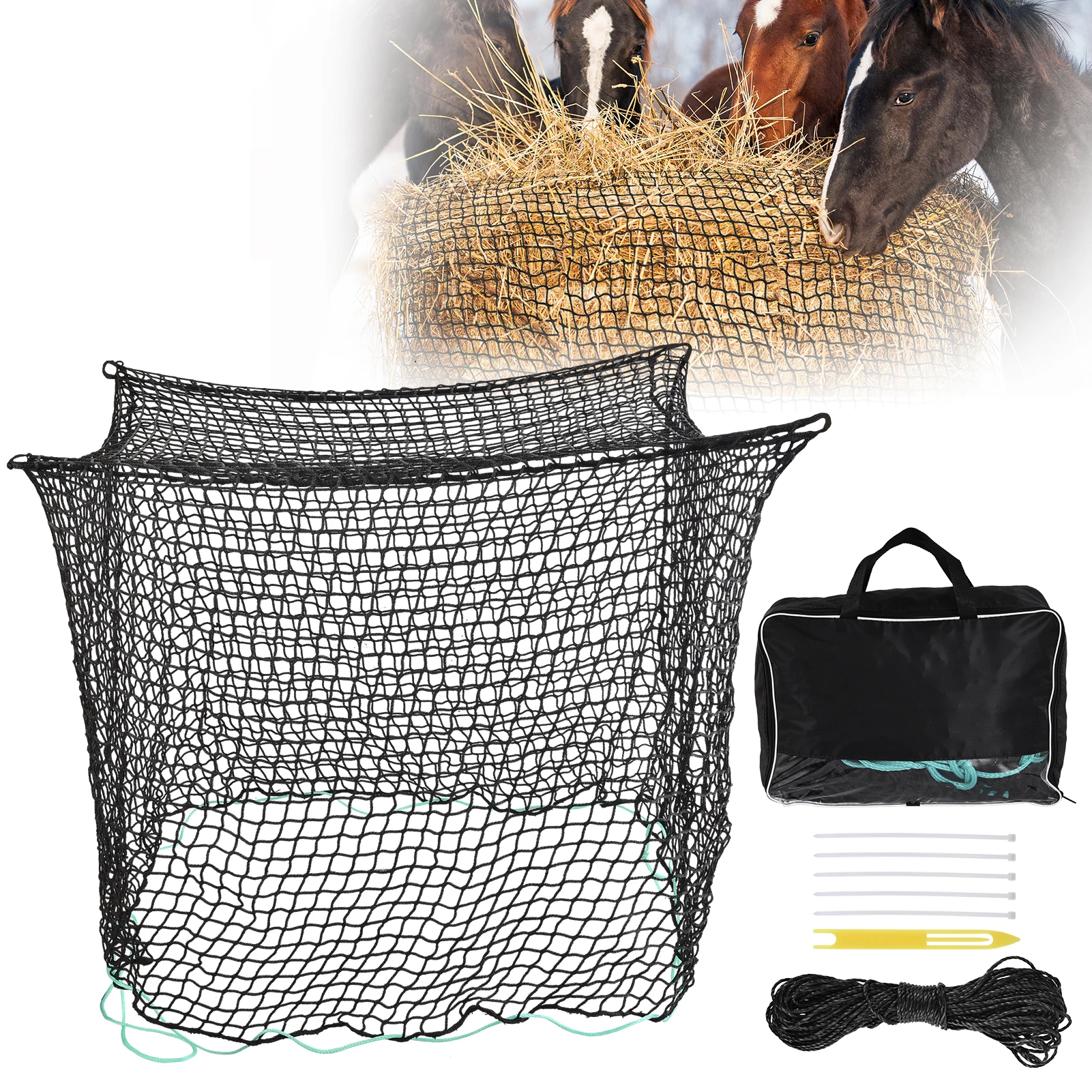 Heunetze für Pferde 5x5Ft Großes Quadratisches Slow-Feed-Heunetz, Robustes Dickes Knotenloses Heunetz, Langlebiger Weicher Nylon Slow-Feeder-Heunetzbeutel für Rinder, Ziegen, Schafe, Gesündere Fütterungslösung für Stall, Scheune und Weide – Detail 6