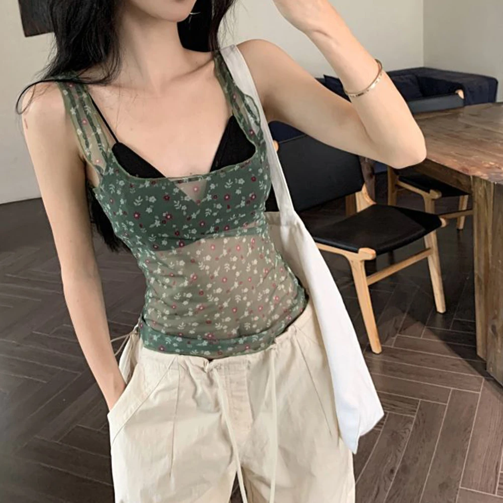 

Perspective Mesh Tank Summer Mesh Top Daily Casual Wear Regular Length Top Slight Stretch Fabric Vacation Fashion Top