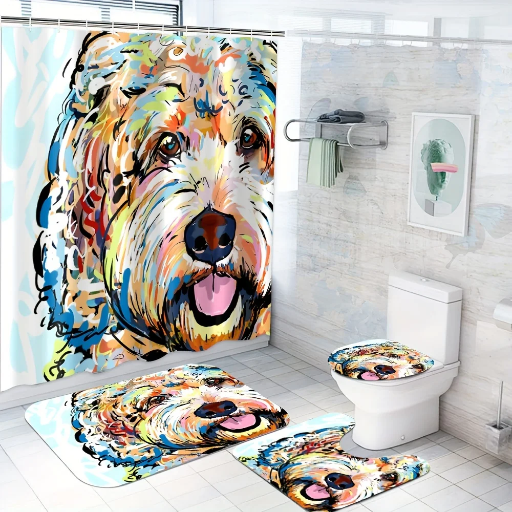 

4 шт., красочная занавеска для душа с рисунком плюшевой собаки, полиэстеровая водонепроницаемая занавеска с 12 крючками, декоративная занавеска с милым животным принтом